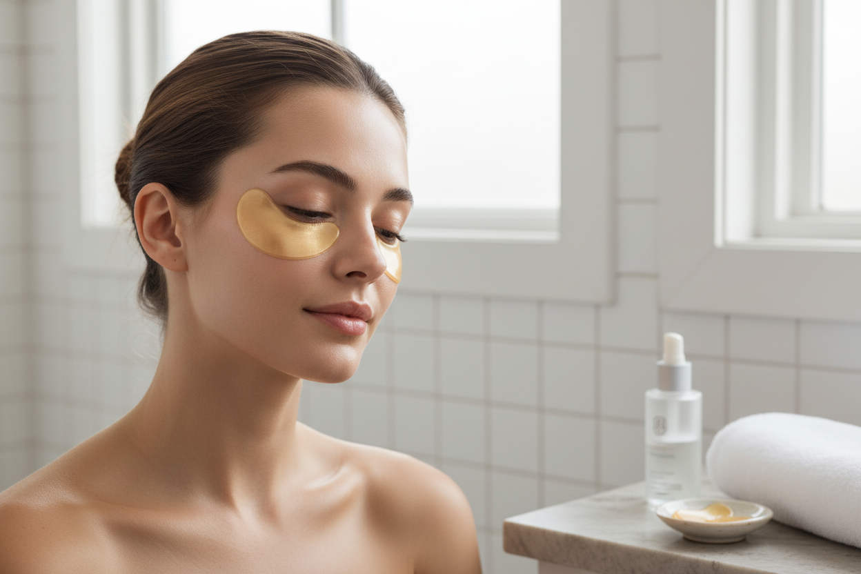 Generate an image of a woman with under eye patches on